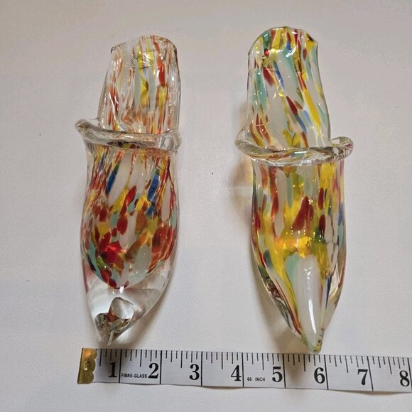 Pair Of Vintage Murano Style Italian Art Glass Slipper Heel Shoe Multicolor Chip - Picture 13 of 14